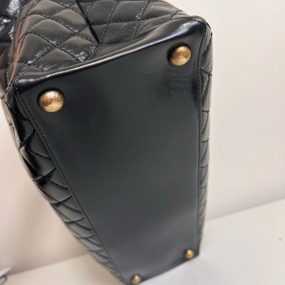CHANEL Black Quilted Leather Laptop Tote with Gold Chain Strap